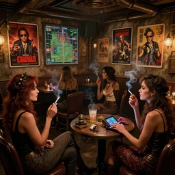 women in the interior of a steampunk pub, Greg Rutkowski, Milo Manara, night time, smoking cigarettes, playing video games, highly detailed, Quentin Tarantino movie posters, pulp fiction, level design, concept art, artstation, cgsociety, zenith view