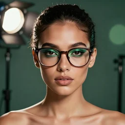 beautiful amazon portrait, ( ( head shot ) ), sharp focus, neo classic, bloom, movie still, sony, puerto rico, symmetrial, makeup, sephora, loreal, green highlights, lens flare, studio light, octane render, national geographic, maybelline, model, glasses, traditional, vsco, bokeh, 8 k