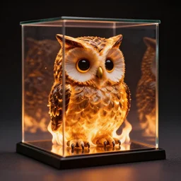 an owl shaped like a cube, on fire, inside a glass box, hyperrealism photography cube shaped owl