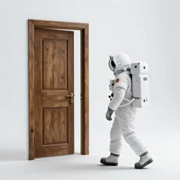 side profile of an astronaut walking towards an old wooden door through an all white plane of existence in the middle of nothing, photorealistic, ultra detailed