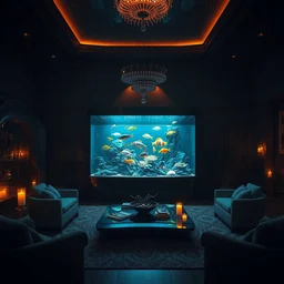 videogame screenshot of a very dark dreamy luxury maximalist living room, saltwater aquarium with beautiful tropical fish, candlelight, sunset glow, dark shadows, octane render, volumetric lighting, raytracing, symmetrical wide shot low angle