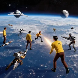wide angle view, realistic space battle, star trek, in the style of where's wally, 8k