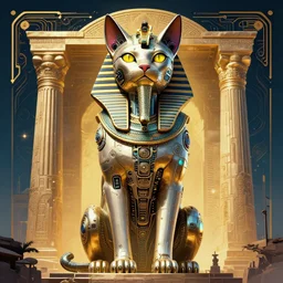 giant egyptian cyberpunk cat statue. Cybernetics. Synthwave. temple. 8k resolution, extremely detailed, digital illustration. Poster by alphonse mucha.