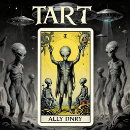 tarot, occult, comic book art style, grey aliens, typography, ufos, vintage, apocalyptic, sci - fi, technology, gnosticism, surrealism,