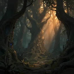 dark twisted forest with god rays at sunset, deep focus, d & d, fantasy, intricate, elegant, highly detailed, digital painting, artstation, concept art, matte, sharp focus, illustration, hearthstone,