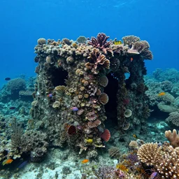 underwater shed encrusted with coral and algae surrounded by reefs and tropical fish