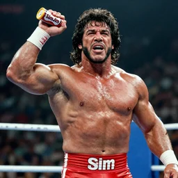 photograph of macho man Randy Savage snapping into a Slim Jim