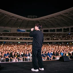 a photograph of a man singing on stage to a stadium full of people at night