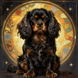 black cavalier king charles spaniel in the style of mucha
