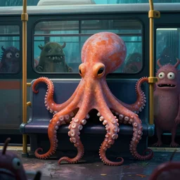 a strange bird octopus chimera creature waiting for the bus with other monsters, in the style of shaun tan, dramatic lighting, high contrast, 8 k octane render