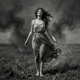 fabric pattern joyful by rudy siswanto, by henry moore. a collage of a woman standing in a field of ashes, her dress billowing in the wind. her hair is wild & her eyes are closed, in a trance - like state. dark & atmospheric, ashes seem to be alive, swirling around.