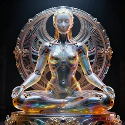 vibrant ultra clear sculpture of beautiful cyborg meditation position monumental, cybernetics, low contrast, cinematic dramatic lighting, hyper realistic detailed intricate render, hypermaximalist, ornate, epic composition, 4 k 8 k, cryengine octane blender, sharp focus, concept art, masterpiece, cgsociety artstation