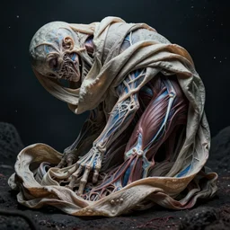 skin folded like a blanket, veins, muscle tissue, blue veins underneath the skin, sub surface scattering, body unraveling like a ribbon, surreal, dreamscape, the thing, horror, cosmic horror, junji ito, larry elmore, gediminas pranckevicius, h. r. giger,