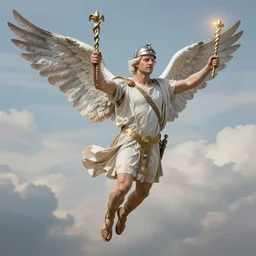 Julian Assange  as Mercury the messanger of the Roman gods  flying in the sky above the Olympus , wearing a helmet and sandals with attached wings  and carrying the Caduceus, fantasy, hyperrealistic, highly detailed, depth of field, High definition, 8k,  octane render,trending at  artstation