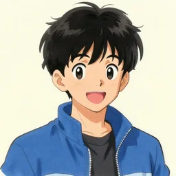 portrait black-haired teenager with short wavy middle-parted hair, wearing a blue jacket, he is chipper and excited. drawn by Yoji Shinkawa. character design