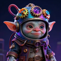movie poster of a realistic gremlin with a steampunk space helmet with multicolored glowing gears and tubes and cables, crisp, trippy, fluorescent colors, insanely detailed, 3 d render, front shot, 3 5 mm