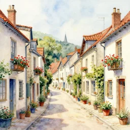 a hiper intricate watercolor of a beatiful village street, extremely detailed, sharp focus, wide view, smooth, elegant, digital illustration, colorfull, by william turner art, by greg rutowski