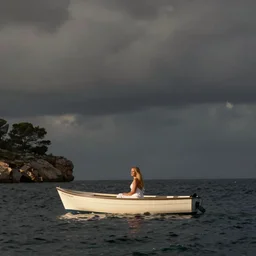 distant shot of margot robbie in a boat in  mallorca