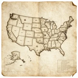 Hand-drawn map of the continental US on old parchment paper, battered, draftsmanship, by Durer, by Brom, by Bierstadt,