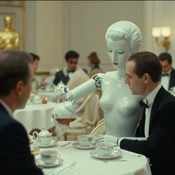 a still from a cyberpunk movie of a porcelain automata woman pouring tea in a white tea house for a high end client, color grading, film, 8 k, portrait photo, oscar, a 2 4, stanley kubrick, federico fellini, jacques tati, wes anderson
