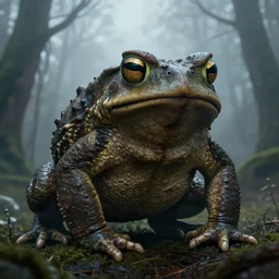 giant evil monsterous toad in the forest, toads, foggy, atmospheric, highly detailed, hyperrealistic, gothic horror, trending on artstation, digital art, dark fantasy