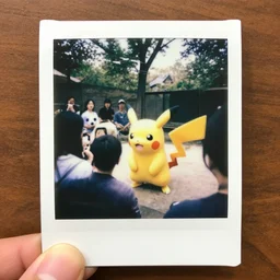 A polaroid photo of a pokemon in a Zoo being watched by visitors