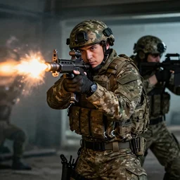 Portrait of a modern German Bundeswehr squad in full gear wearing Flecktarn shooting shooting shooting shooting at enemy forces from behind cover, cinematic lighting, front lighting, 4k, warfare, by Greg Rutkowski, combat, intense, muzzle flash, gunfire