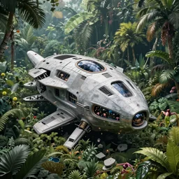 crushed alien spaceship in jungle, concept art by john park, darek zabrocki, tyler edlin, jordan grimmer, neil blevins, james paick, natasha tan, highly detailed, ultra detailed, ultra realistic, wide angle lens, trending on artstation