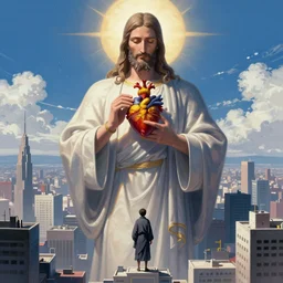 Giant titan Jesus christ holding the sacred heart  over a city,   matte fantasy painting, DeviantArt Artstation, by  Jen Zee and Tatsuya Yoshikawa  by Utsurowazaru Mono  by Tatsuya Yoshikawa  by Hajime Isayama, cinematic lighting