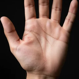 extreme close - up shot, studio photographic portrait of a man's palm, dynamic lighting, photorealistic, highly detailed, 2 5 mm