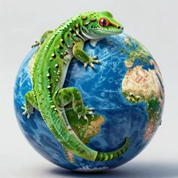a photo of an enormous green gecko hugging planet earth