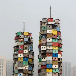 two towers, made up of colourful stacked makeshift squatter shacks, bleached colours, plain uniform sky at the back, misty, mamiya, f 1. 8, ultra sharp, very detailed, photographed by julie blackmon