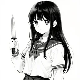 “Detailed manga art of a beautiful Japanese girl holding a knife; loving expression; school uniform; high contrast; clean, sharp”