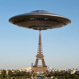 ufo flying over paris, on the fly shot