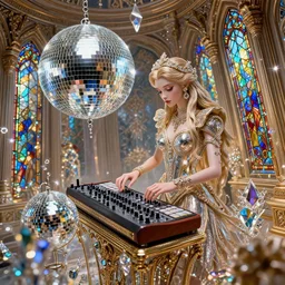 tilt shift dj girl using modular synth with disco ball in a hall of mirrors with stained glass and crystals, sparkle, shine glimmer, by scott uminga and chris dyer, hdr, hyper detailed, insane details, intricate, elite, ornate, elegant, luxury, dramatic lighting, octane render, weta digital, micro details, 3 d sculpture, structure
