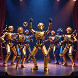 7 golden and blue metal humanoid steampunk robots dancing on a theaterstage, robots are wearing and gears and tubes, eyes are glowing red lightbulbs, shiny crisp finish, 3 d render, 8 k, insaneley detailed, fluorescent colors, nightlight