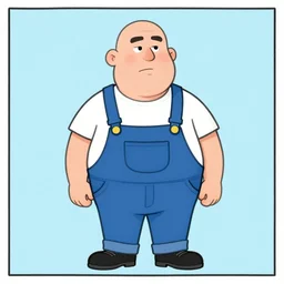 overweight bald english plumber in overalls looking judgmentally into the camera, funny, full frame of graphic novel, colour drawing