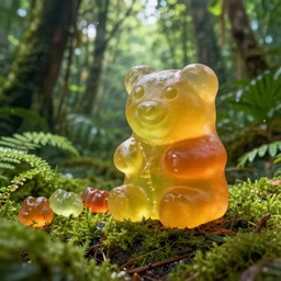 nature documentary about gummy bears in a tropical rainforest. hyperrealistic