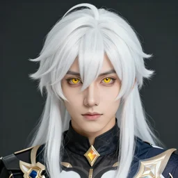 portrait of a male viera with white hair and yellow eyes