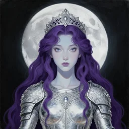 painting of prophetess of the moon, silver filigree armor and tiara, moon above head, purple wavy hair, translucent skin, wide striking eyes, beautiful! coherent! by brom, by junji ito, by brian froud, strong line, high contrast, muted color, minimalism