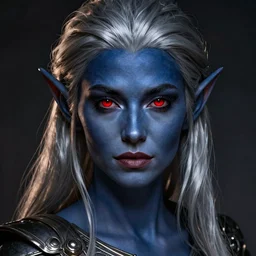 color portrait of an attractive dark elf female (sharp features blue-gray skin with silver hair and red eyes), Greg rutkowski, Trending artstation, cinematográfica, digital Art