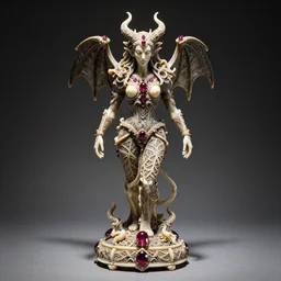 award statue for best demon, occult inspired, grimdark gothic filigree rococo styling, made of polished faceted ivory, faceted ruby accents, infernal, museum lighting