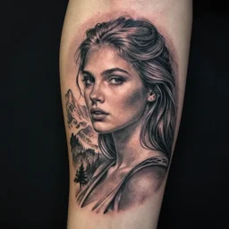 a tattoo design of a beautiful girl faded in a mountain scene, in the style of den yakovlev, hyper - realistic, amazing detail