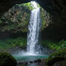 a lush cave with a waterfall hyper realistic 8k unreal engine