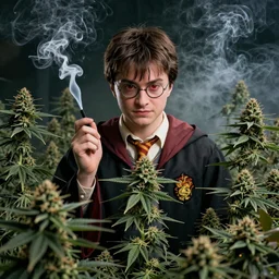 harry potter surrounded by green dense weed kush plants, smoke in front, smoke behind, smoke background, red eyes, smoking weed