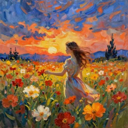 Fair skinned young woman, large field, flowers, beautiful, art, 8k, sunset, skyline, young woman in a dress, wind, trees in background, picking flowers, summer night, dynamic lighting, Vincent van Gogh oil painting, off center, large brush strokes, post impressionism, orange, yellow, red, blues, fine art