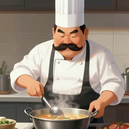hyper-detailed digital painting A chef with a big mustache proundly making a soup by kim jung gi
