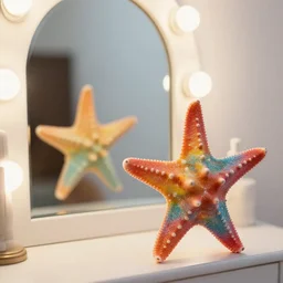 a photo of a rainbow starfish standing and looking in a vanity mirror