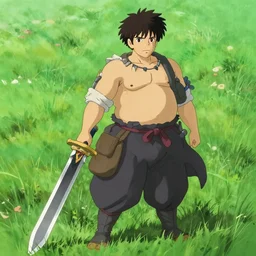 a full body portrait of a fat warrior man holding a giant sword, buster sword like, dressed like an adventurer, delicate features finely detailed perfect art, green field, gapmoe yandere grimdark, trending on pixiv fanbox, painted by greg rutkowski makoto shinkai takashi takeuchi studio ghibli