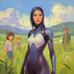 a beautiful scenic painting of a beautiful young woman that looks like symmetra from overwatch, by artgerm and wlop and wes anderson and spike jonze